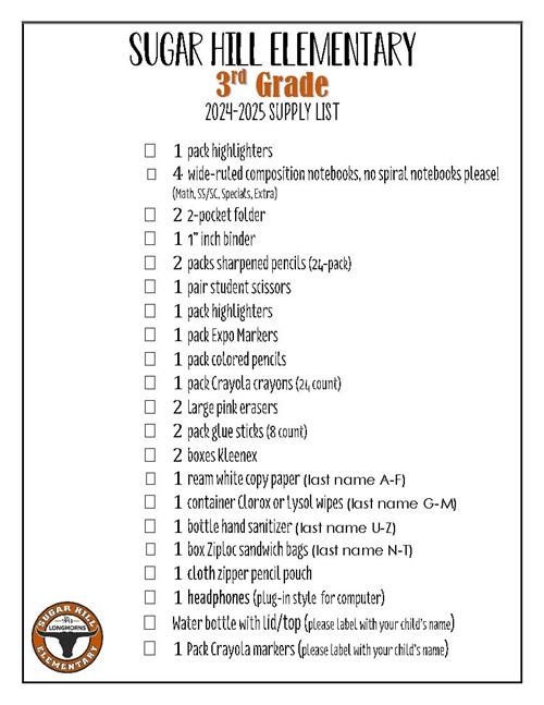 3rd Grade Supply List